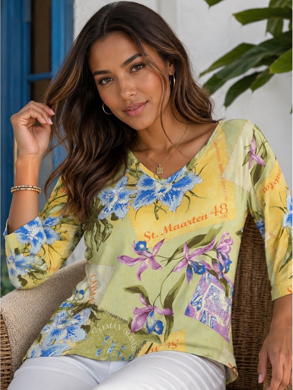 Caribbean Joe Women’s Tropical Cotton Floral Print Top Size L/G